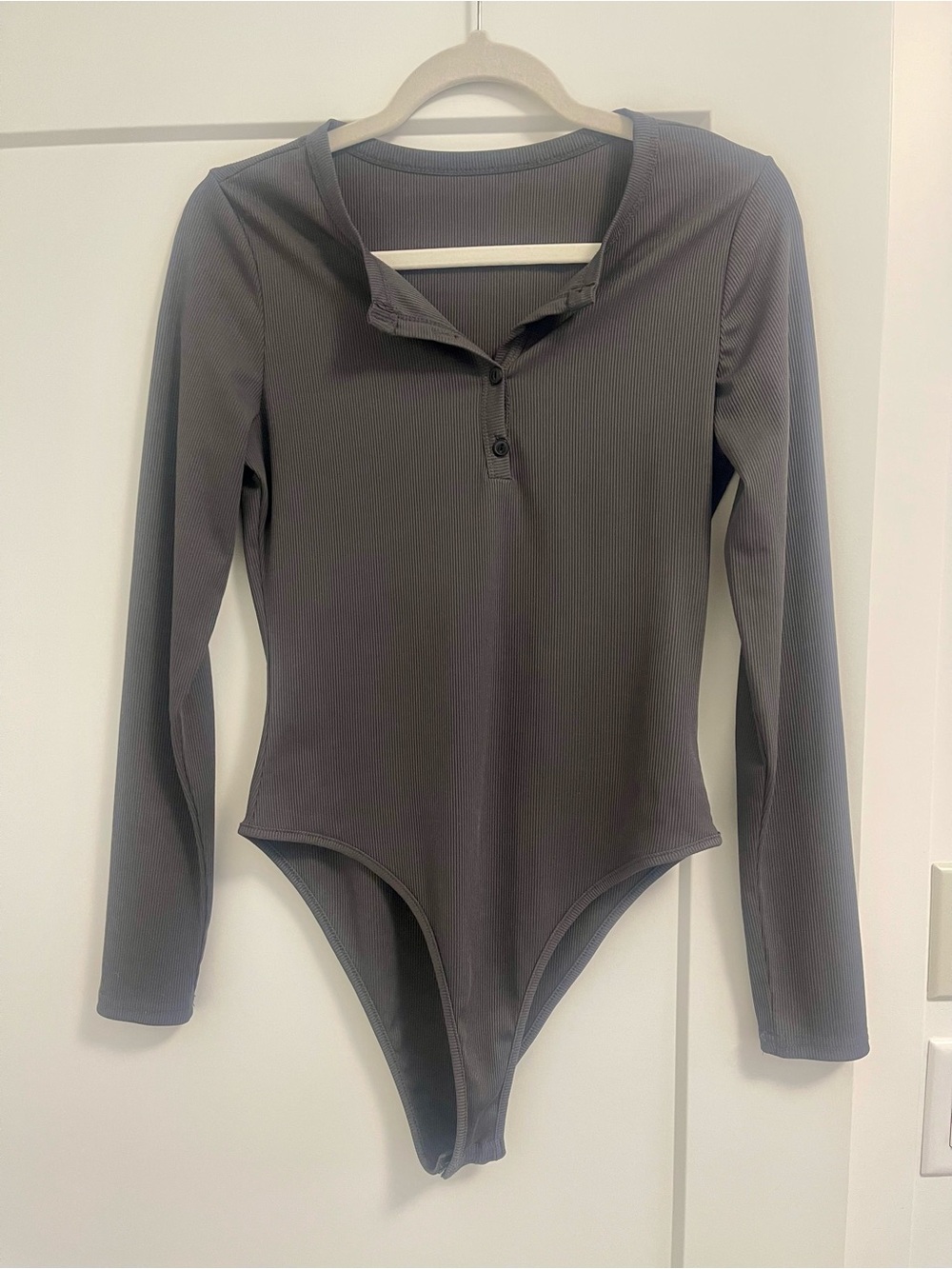 Grey Ribbed Long-Sleeve Henley Bodysuit